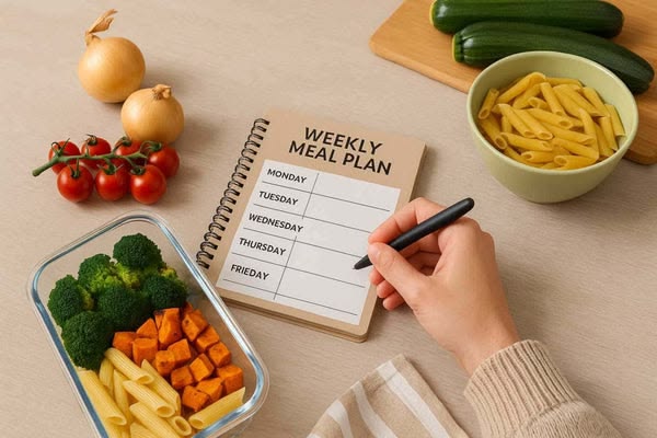 Open notebook with handwritten weekly meal plan beside fresh herbs and a calculator